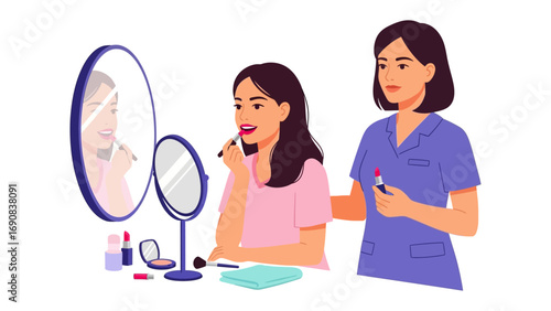 Young woman applying lipstick in a mirror with a helpful friend or mother assisting with makeup application