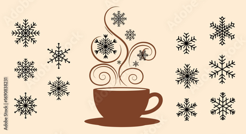 Winter Warmth: A cup of coffee with swirling snowflakes, an invitation to cozy days