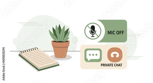Work from home or remote team communication concept with plant notebook and mute audio