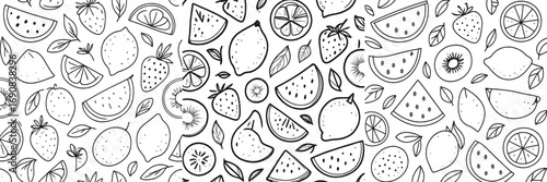 Hand-drawn seamless pattern of summer fruits in a black and white doodle style featuring watermelon, lemon, and strawberry for coloring pages