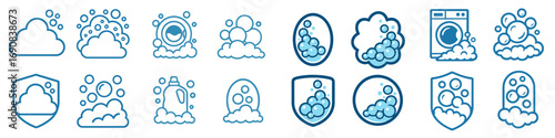 Laundry service and cleaning product symbols featuring soap foam, suds, bubbles, washing machine, and detergent bottle