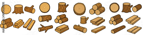 Large set of cartoon wood icons including logs, lumber, tree stumps, branches, and planks for forestry or building materials