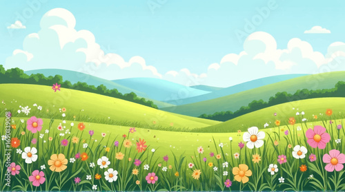 Vibrant wildflowers bloom across a rolling green hillside under a bright, sunny sky.