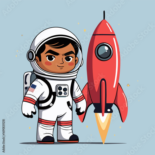 A playful depiction of a cute astronaut in a vibrant spacesuit, adjusting knobs on the rocket's control panel, while a small alien friend holds a star map of Mars beside them.