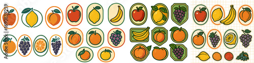 Retro fruit label collection with apple, lemon, orange, and grapes for vintage food packaging and sticker design