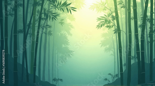 A serene illustration of a bamboo forest bathed in soft, ethereal light, creating a tranquil atmosphere.