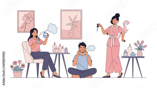Diverse group of women enjoying a relaxing beauty and skincare routine with various products and treatments in a bright airy studio setting