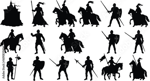 Medieval silhouettes, knights, castle, queen, swords, shields, horseback warriors, battle poses, chivalry, historical soldiers, fantasy combat, armed fighter iconsv