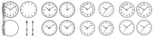 Large set of simple analog clock face icons showing different times and styles, including separate hands for customization, isolated on a white background
