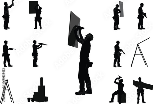 Silhouette construction workers install drywall measure cut drill tool ladder building carpenter contractor labor industry handyman black figure collection vector illustration