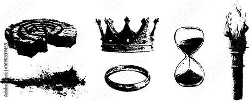 Grunge black and white maze elements set featuring crown torch hourglass rings design