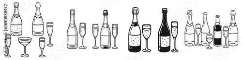Set of hand-drawn champagne bottles and glasses in a doodle style for celebration and party design elements isolated on a white background