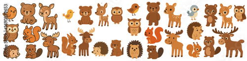 Cute woodland animals collection with bear, deer, owl, squirrel, moose, and hedgehog characters for children's design