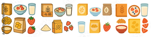 Set of breakfast food icons including oatmeal with strawberries, cereal boxes, and glasses of milk isolated on a white background