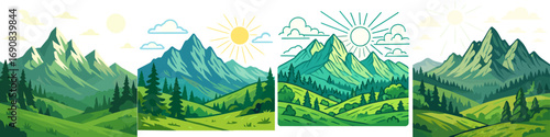 Set of stylized mountain landscapes with green rolling hills, pine forests, and a bright sun in a clear sky