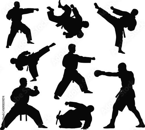 Martial arts silhouettes set, karate, boxing, taekwondo, judo fighters, black vector poses, combat action stances, self-defense training icons