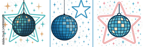 Collection of three retro disco ball compositions with sparkling stars and neon star outlines for party and celebration themes