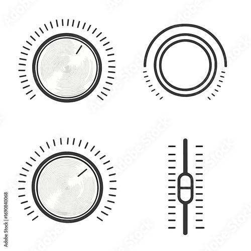 Collection of realistic volume control knobs and sound level fader sliders for audio equipment user interface design