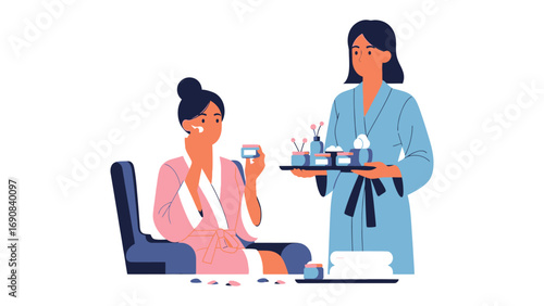 A woman in a spa robe relaxes in a chair while a therapist offers a tray of beauty products and drinks for a pampering experience
