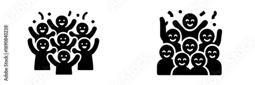 Glyph icons of a happy crowd celebrating together at a party or event, with a cheering audience symbol representing community and social gathering