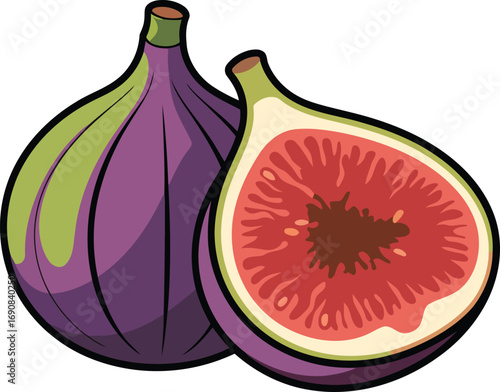 Fig Harmony A Vector Depiction of Whole and Halved Figs with Red Pulp on Clear Backdrop