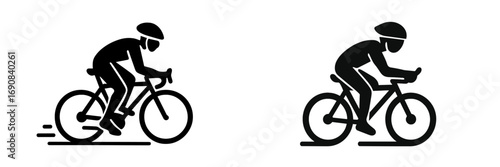 Cyclist icon set with black silhouette of a person riding a racing bicycle for sport competition or fitness activity