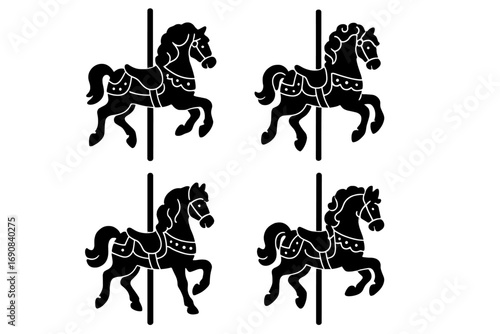 Set of four black carousel horse silhouettes isolated on a white background for amusement park and carnival design
