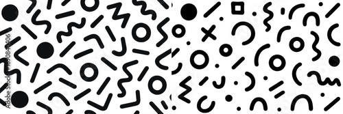 Black and white abstract geometric seamless pattern with hand-drawn doodle shapes in a retro Memphis style background