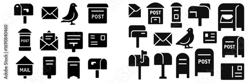 Mail and post icon set with mailbox, letter, envelope, and carrier pigeon glyphs for postal service communication