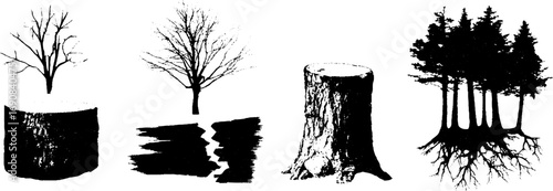 Grunge black and white leafless tree and stump silhouette set for artistic design