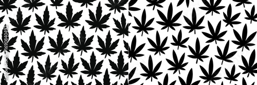 Monochrome seamless pattern with black cannabis leaf silhouettes on a white background, a simple graphic texture for fabric or wallpaper design