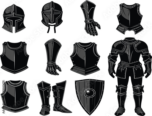 Medieval knight armor set including helmets, gauntlets, breastplates, greaves, shield, and full suit of armor illustrations in black.