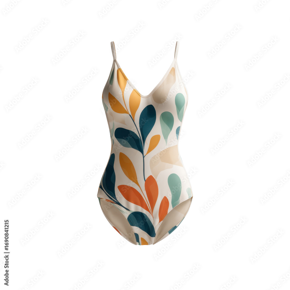 Obraz premium Stylish one-piece swimsuit with colorful leaf pattern, perfect for summer beach outings and poolside relaxation