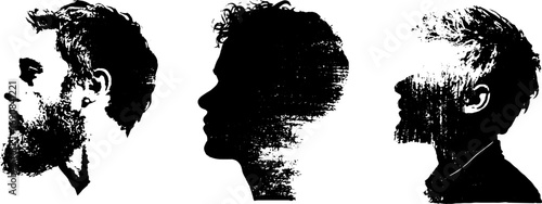 Grunge black and white silhouette set of male profiles for urban and vintage designs