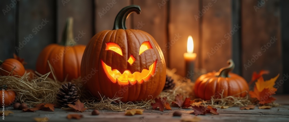 Fototapeta premium A smiling jack-o'-lantern sits on a rustic hay bed, surrounded by autumn leaves and pinecones