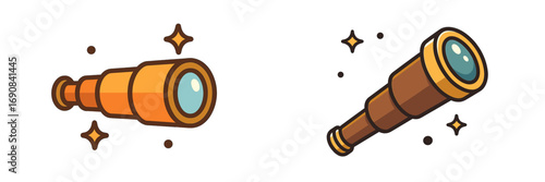 Set of two vintage cartoon telescope and spyglass icons for exploration, discovery, nautical navigation, or pirate themes