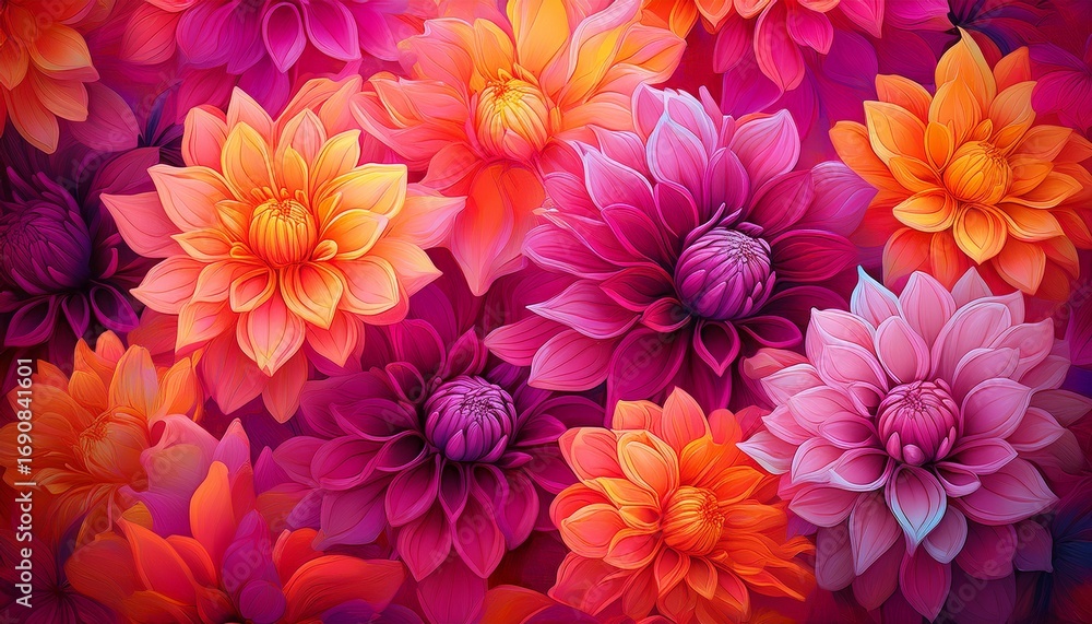 Obraz premium fuchsia pink and orange dahlia flower pattern background, bold colors purple