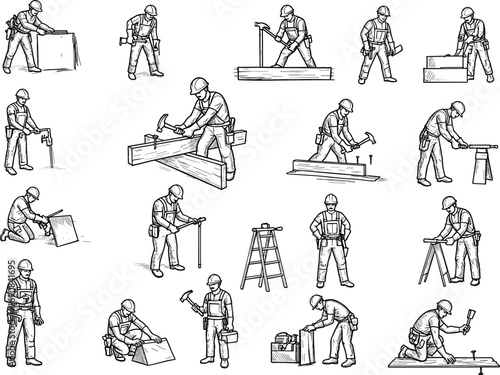 Sketch set of construction workers using tools hammer drill saw carpenter men drawing illustration building site industry job work occupation