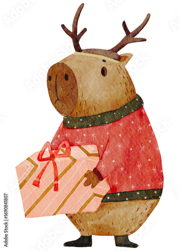 Watercolor Capybara wear red winter sweater with reindeer antlers holding wrapped Christmas present for Holiday Christmas greeting card,festive decoration,seasonal print,Hand paint animal festive