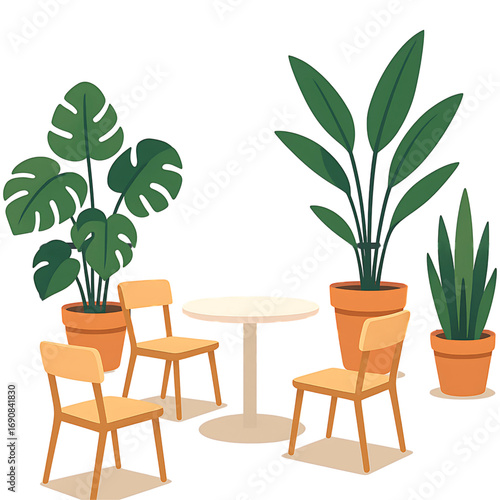 Illustration of an outdoor seating area with chairs, a table, and potted plants for relaxation