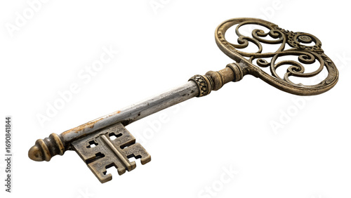 Ornate Antique Skeleton Key Isolated on Transparent Background on white background