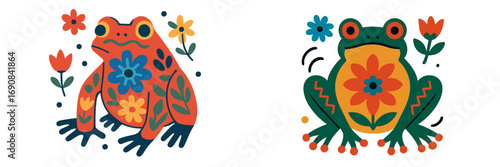 Set of two decorative frogs with colorful folk art floral patterns in a modern flat style, isolated on a white background