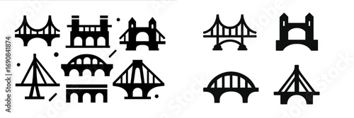 Collection of black bridge icons in various architectural styles including suspension, arch, and beam bridges isolated on a white background