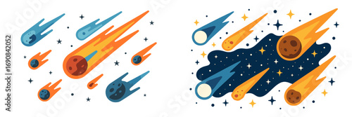 Collection of stylized comets, meteors, and asteroids flying through the cosmos with stars in a flat graphic style