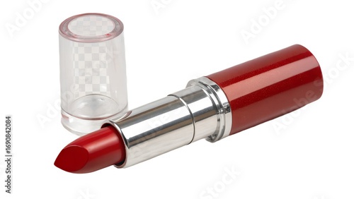 Red Lipstick with Open Lid Isolated on Transparent Background on white background