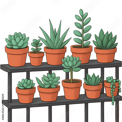 A charming illustrated collection of various succulent plants in terracotta pots, neatly arranged on a two-tiered shelf for home decor and indoor gardening