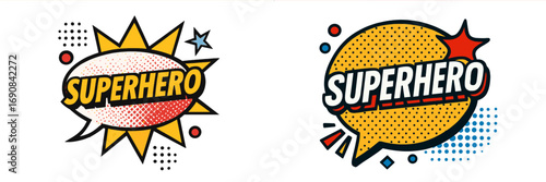 Superhero comic book style speech bubble set with pop art explosion and halftone effects for retro design