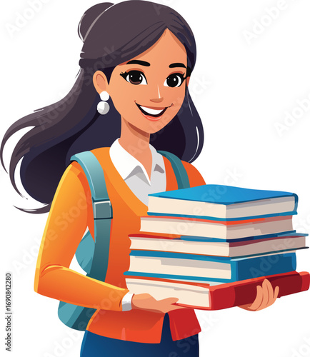 A cheerful female student with a backpack smiles while carrying a heavy stack of books.