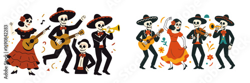 Set of dancing and music playing skeletons for Dia de los Muertos celebration with mariachi characters in sombreros and traditional Mexican costumes