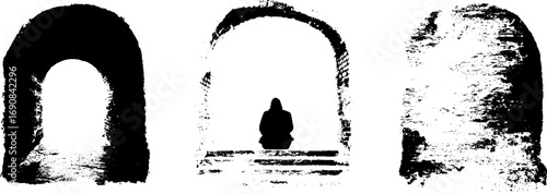 Grunge black and white illustration set featuring lonely silhouettes for urban design